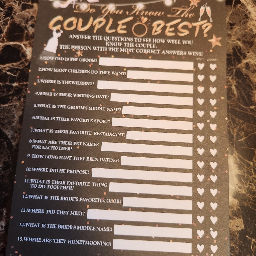 Bridal game cards